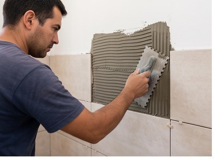 Edgard pegando azulejo en pared de baño con llana dentada