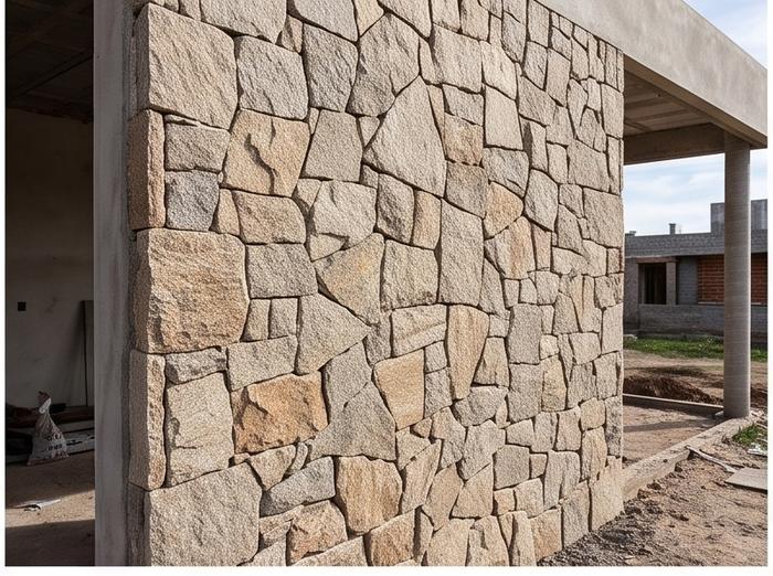 Fachada revestida con piedra natural irregular y textura