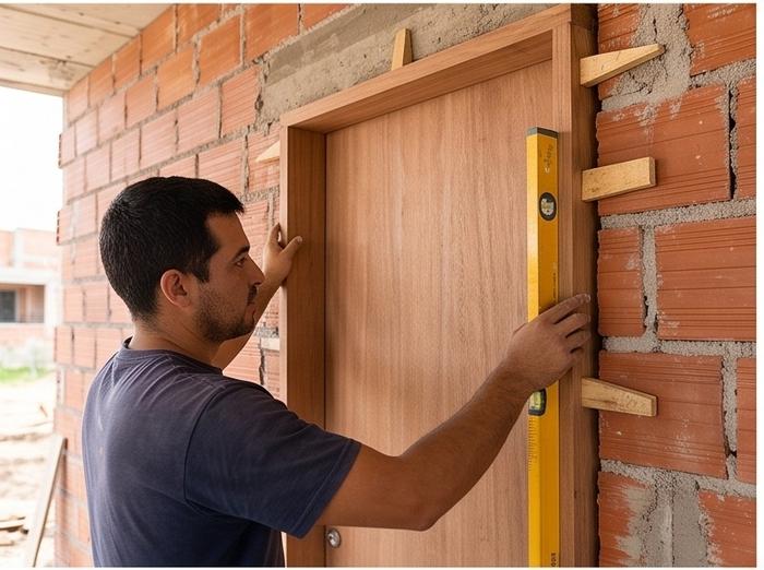 Edgard instalando marco de puerta con nivel y cuñas