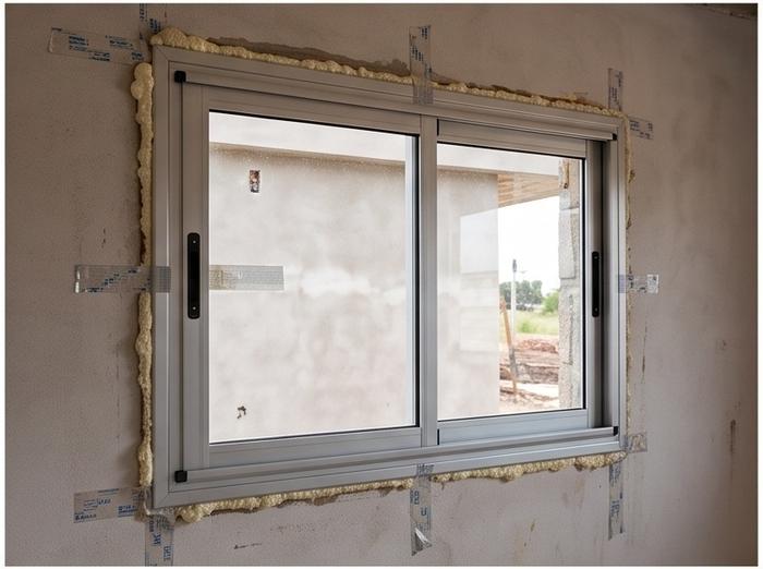 Ventana de aluminio instalada en muro sellada con espuma