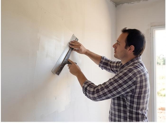 Edgard endurciendo pared con espatula y masilla blanca