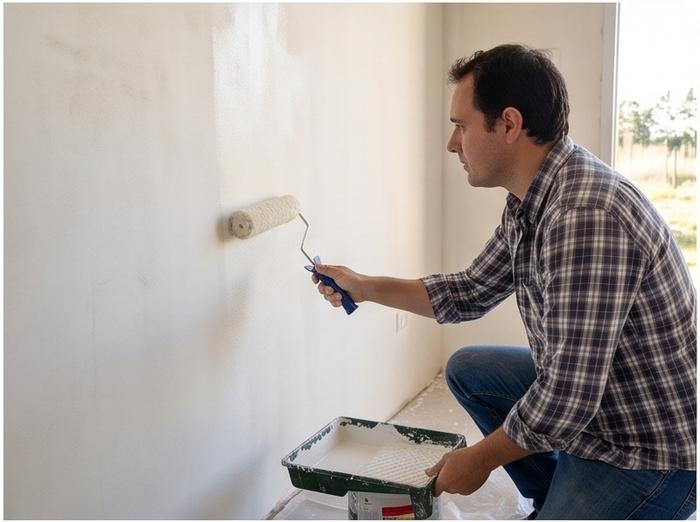 Edgard pintando pared con rodillo de lana y bandeja de latex