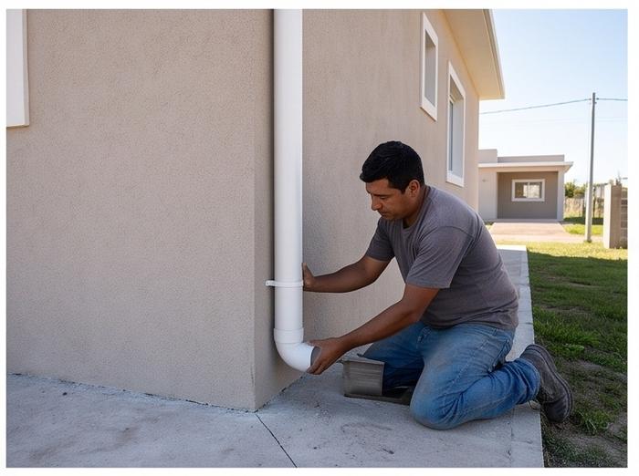 Edgard instalando tubo de desague pluvial en esquina de casa