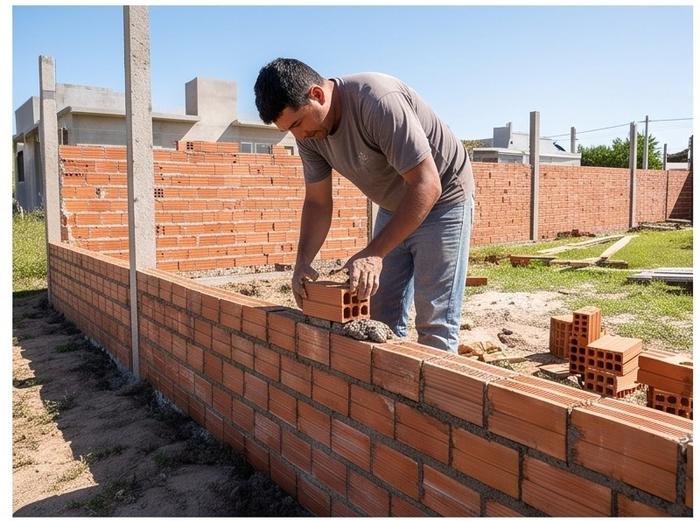 Edgard levantando murito perimetral de ladrillo