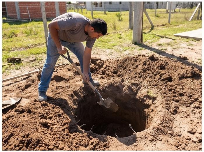 Edgard excavando pozo para cisterna con pala en mano