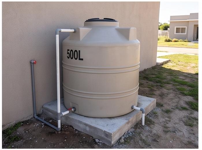 Tanque de agua de plastico de 500L sobre base de hormigon